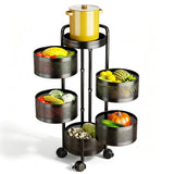 Garvee Carrito Organizador Redondo de Cocina en Acero al Carbono Movil con Ruedas y Cinco Niveles, Negro