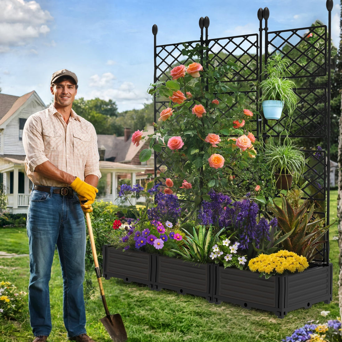 Garvee Set de 3 Jardineras Elevadas con Enrejado Reforzado, Plástico PP Duradero, Pantalla de Privacidad, 126x160cm, para Balcón y Patio, Negro