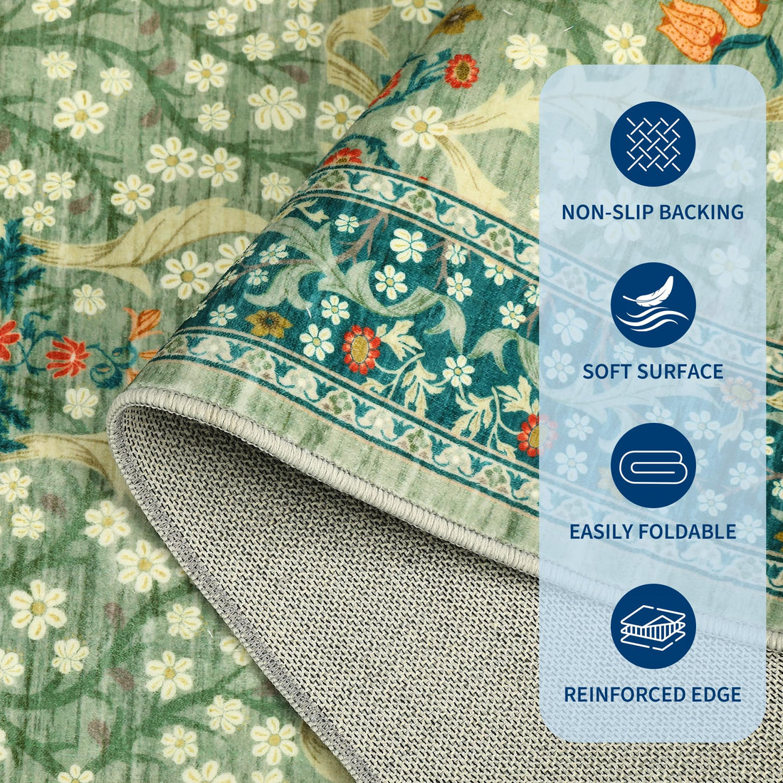Garvee Alfombra de Estilo Farmhouse con Estampado Floral, Lavable y Antideslizante, Pelo Corto Suave y Plegable, 160x230 cm, Verde Hiedra