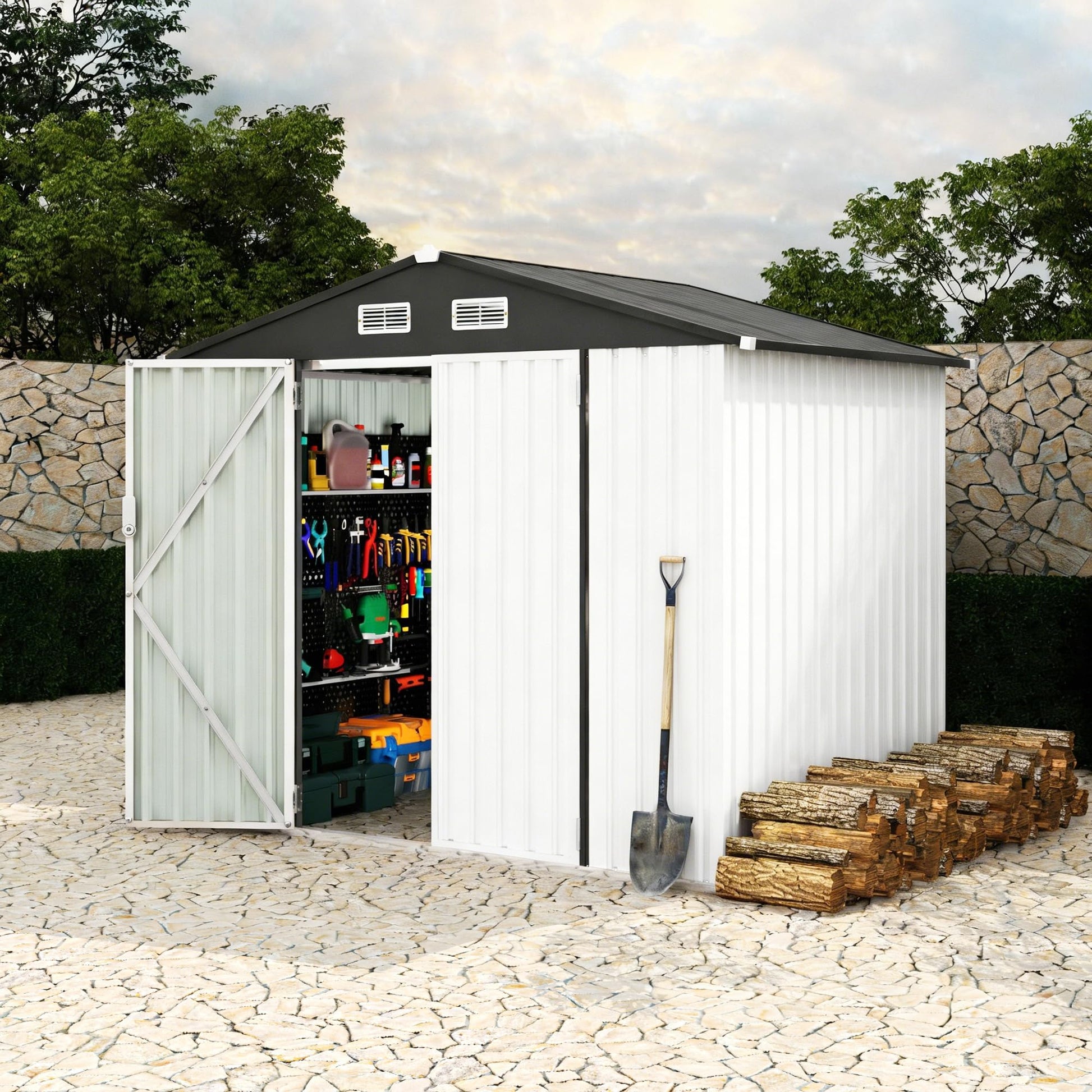 Garvee Cobertizo de Metal para Jardín 180x240 cm Caseta de Almacenamiento Exterior con Puerta con Cerradura Blanco