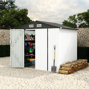 Garvee Cobertizo de Metal para Jardín 180x240 cm Caseta de Almacenamiento Exterior con Puerta con Cerradura Blanco