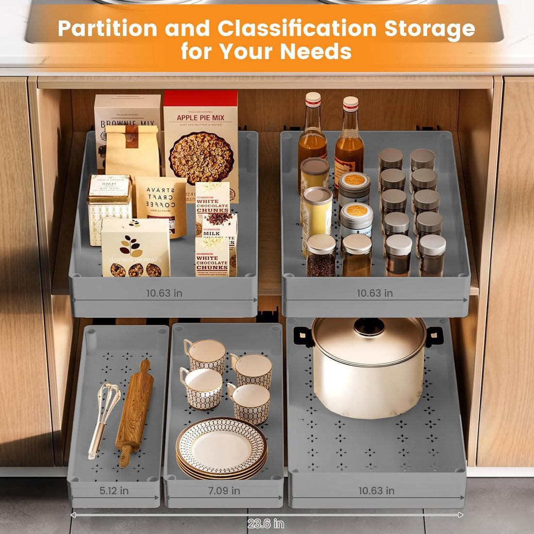 Garvee Organizador de cajones telescópico para cocina gris, organizador extraíble, ABS duradero, 45.72x101.6x13.97cm, para cocina y baño, instalación con cinta o tornillos