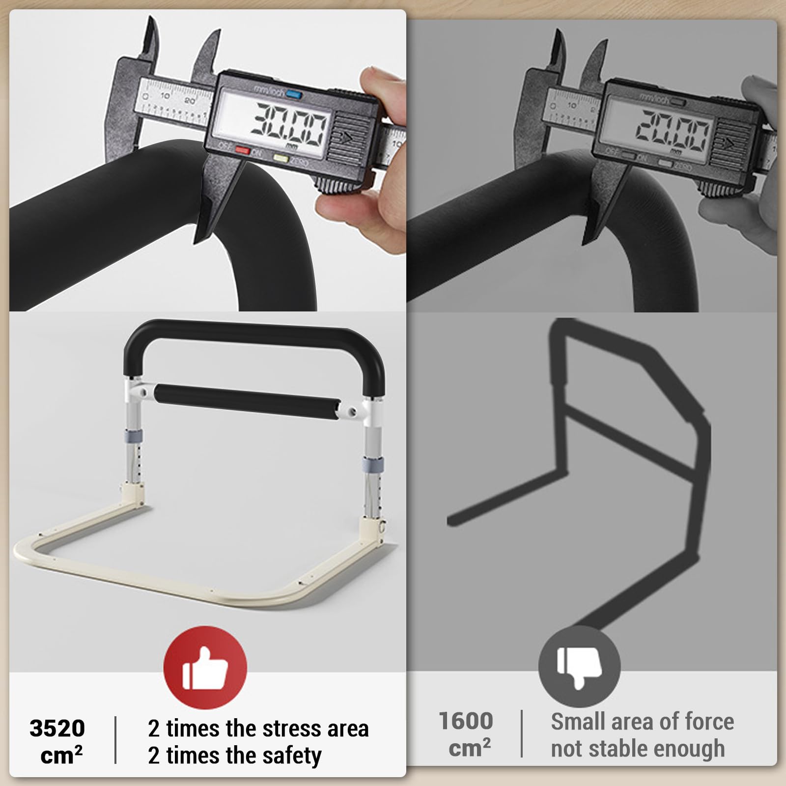 Garvee Ayuda para Levantarse de la Cama para Personas Mayores Altura Ajustable 36.5-43.5 Cm Acero Inoxidable Agarre Antideslizante Plegable Base Segura en Forma de U para Hogar y Viaje