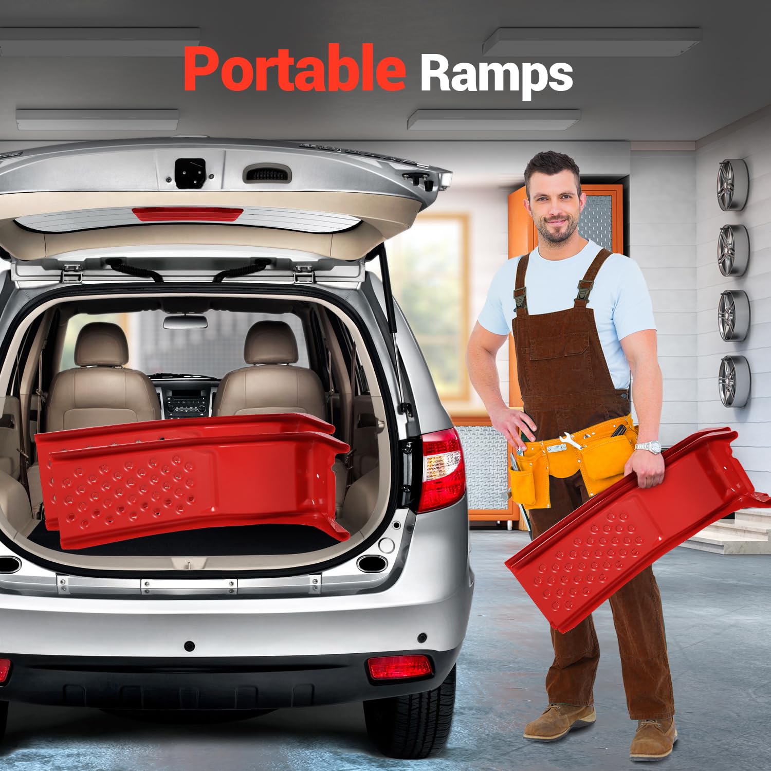 Garvee Set de 2 Ramps Elevadoras para Auto de Acero Sólido 3629 kg Antideslizante Compacto 89×33 cm Ideal para Mantenimiento en Garaje Rojo