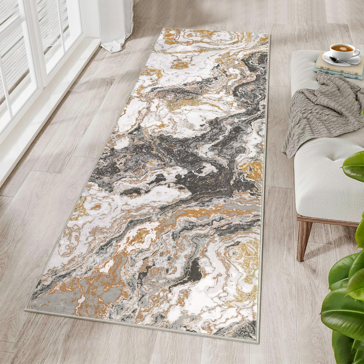 Garvee Alfombra moderna 80x150 cm de Terciopelo Perlado Antideslizante y Suave de Diseño Abstracto para Sala, Cocina y Oficina Gris