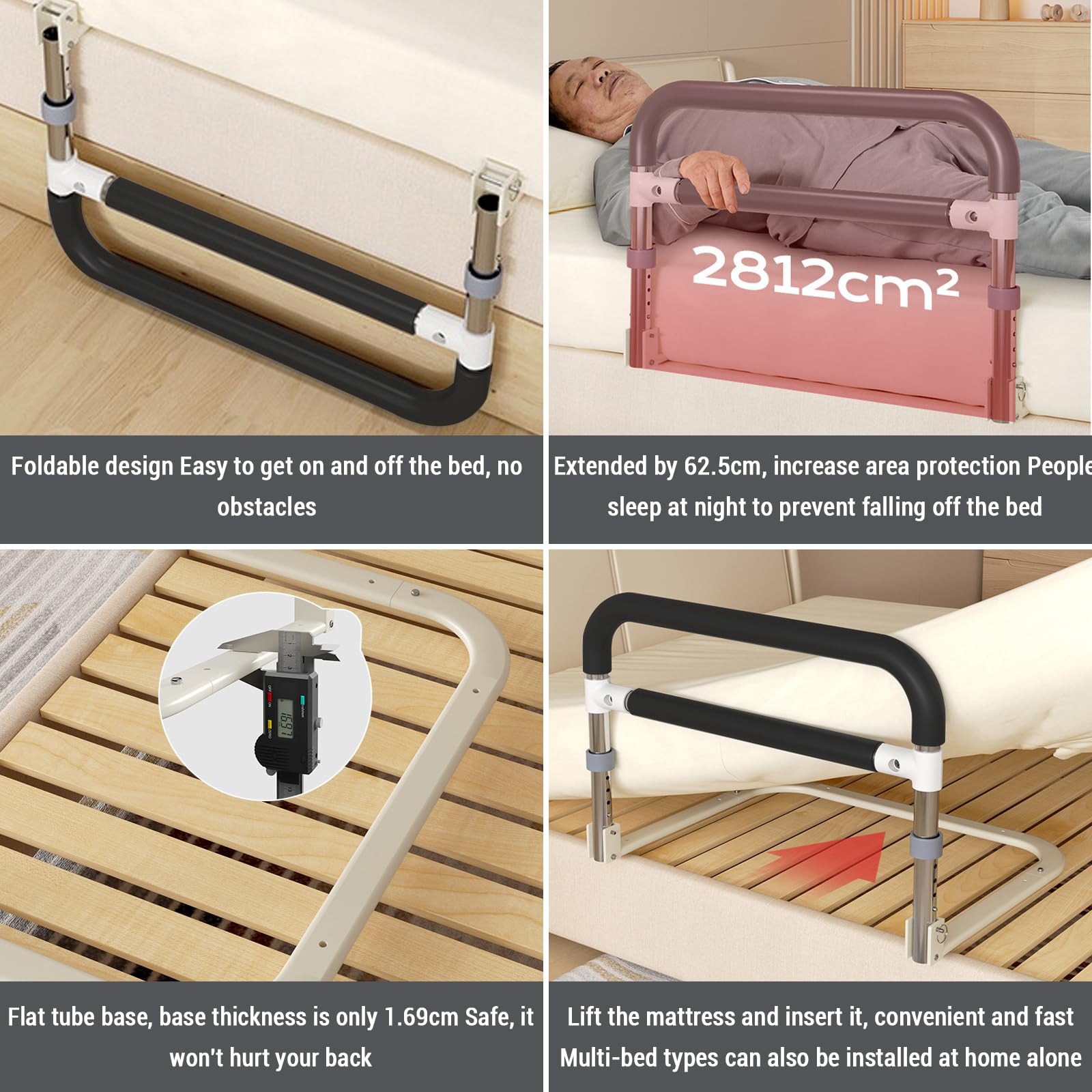 Garvee Ayuda para Levantarse de la Cama para Personas Mayores Altura Ajustable 36.5-43.5 Cm Acero Inoxidable Agarre Antideslizante Plegable Base Segura en Forma de U para Hogar y Viaje