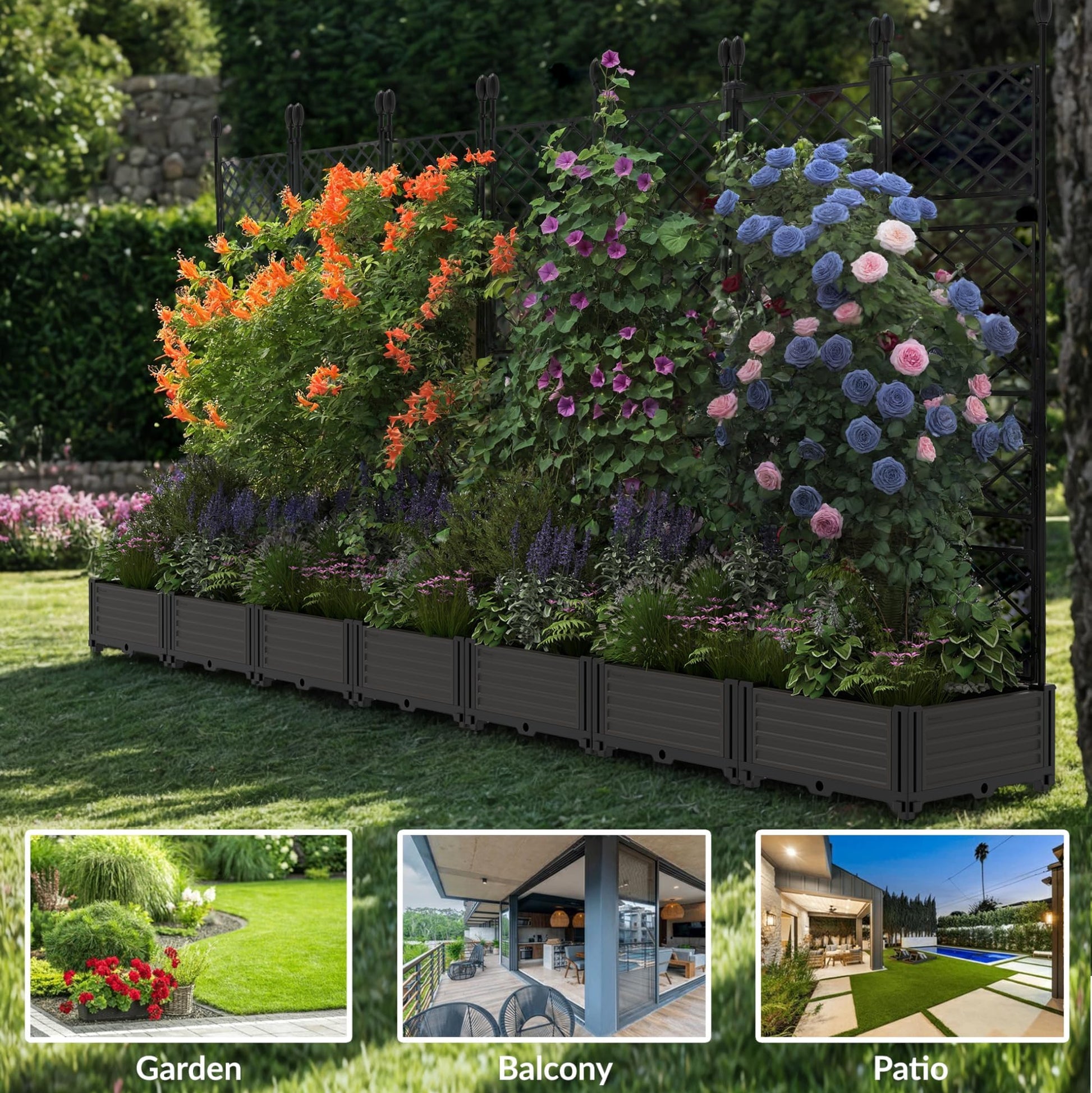 Garvee Jardineras Elevadas Con Enrejado 7 Piezas, Resistente Y Ligero, Plástico Y Metal, Para Patio Y Balcón, Negro, Compacto