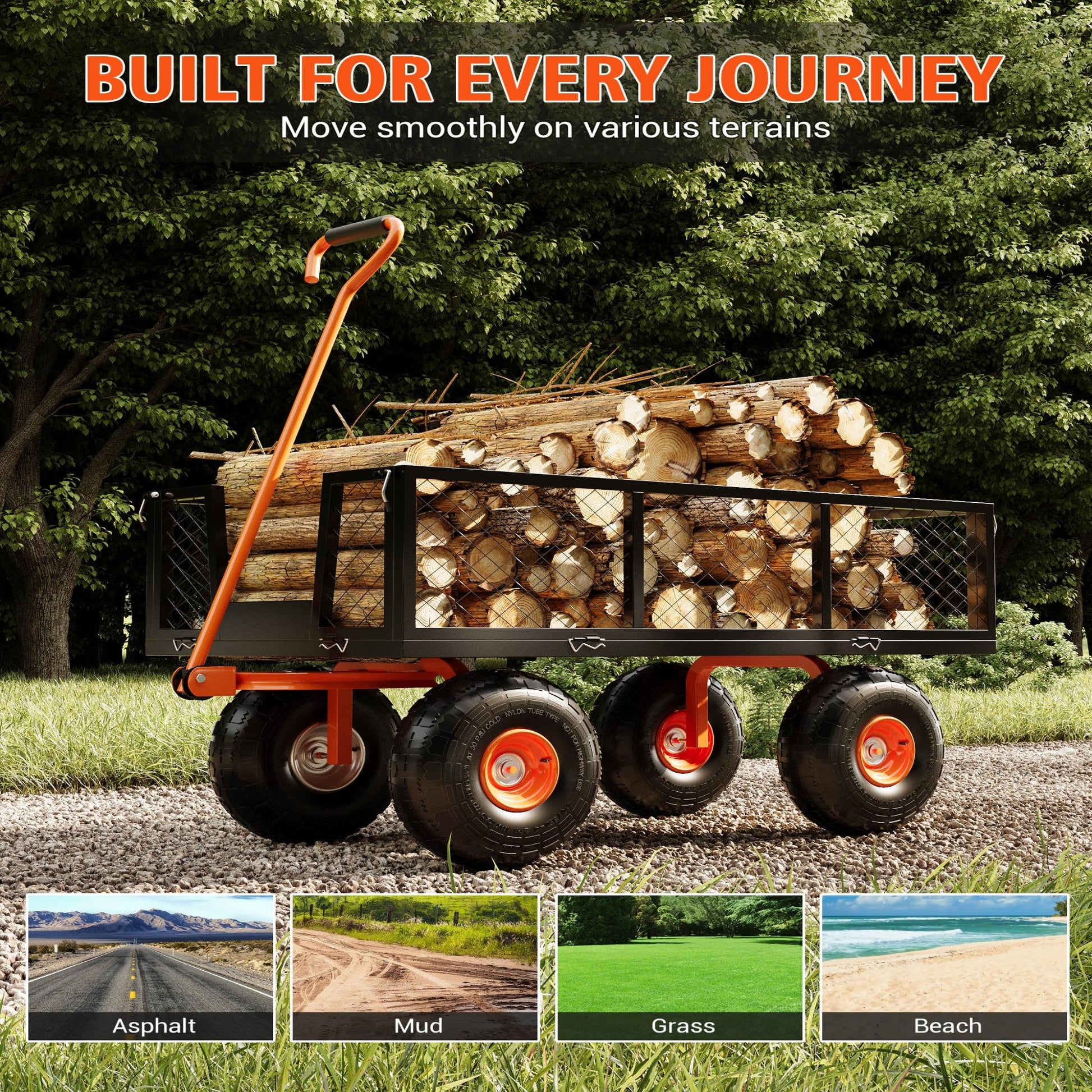 Garvee Carro de Jardín 3 en 1 226.8 kg, Asa Giratoria 180°, Neumáticos 25.4 cm, Lados de Malla Removibles, Acero Resistente, Negro & Naranja, para Jardín y Playa