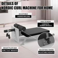 Garvee Banco Nordic Curl Ajustable con Ruedas para Glúteos y Isquiotibiales, Acero Resistente, Almohadilla de PU, Capacidad 204 kg, Gimnasio en Casa