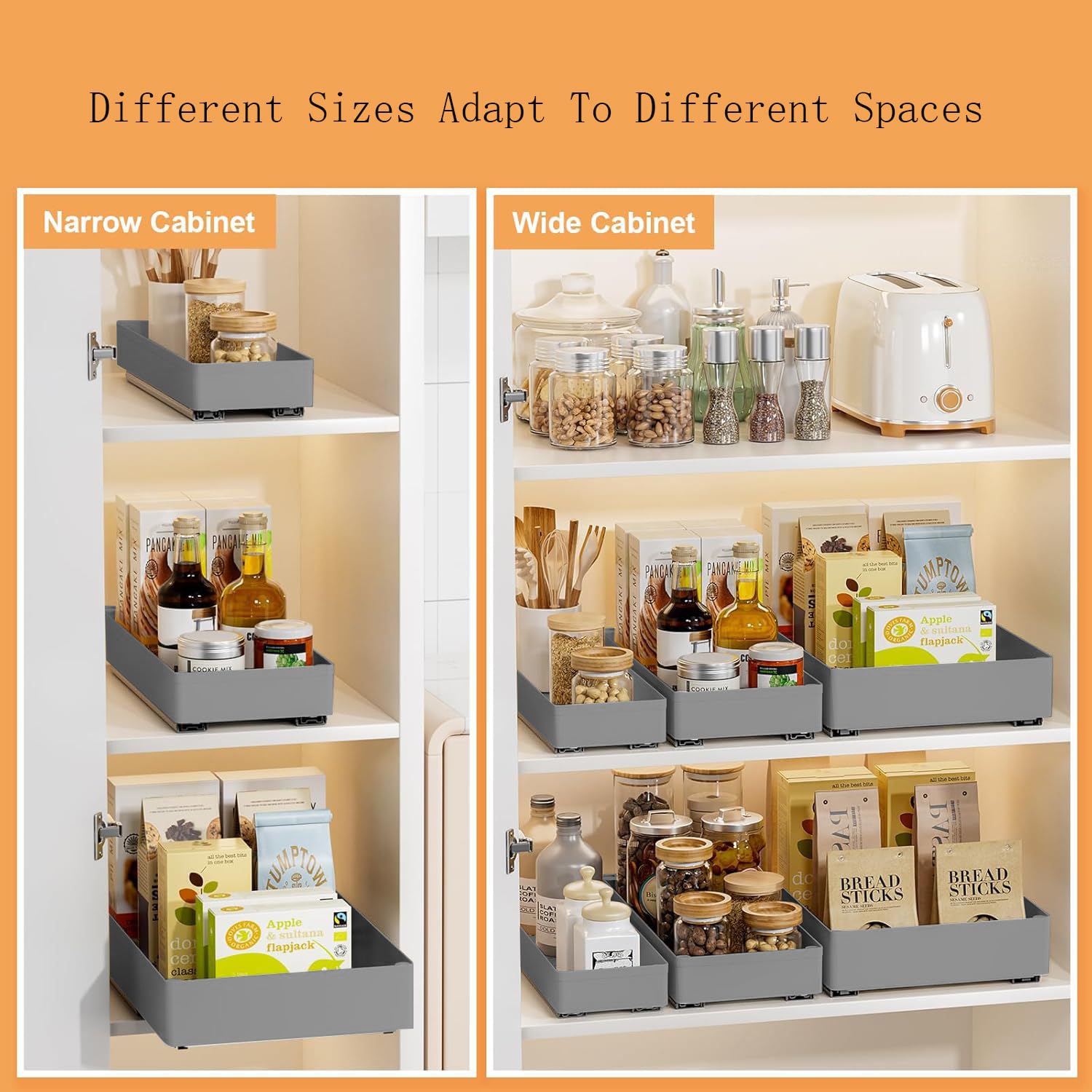 Garvee Organizador de cajones telescópico para cocina, 3 tamaños, ABS y metal, gris, para cocina y baño, instalación con cinta o tornillos