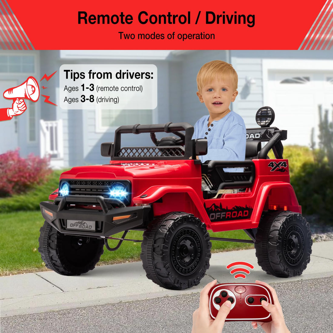 Garvee Coche Eléctrico 12V 4.5Ah, Control Remoto, Música y Luces LED, Plástico y Metal Resistentes, Pequeño, 3-6 años, Aire Libre, Rojo