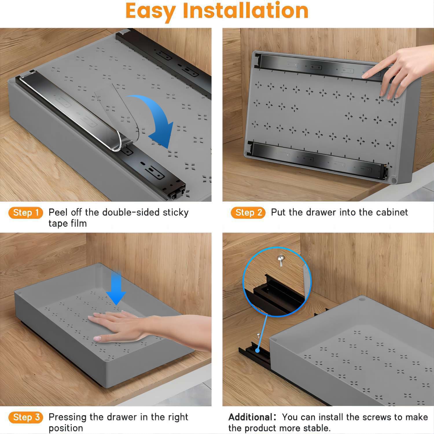 Garvee Organizador de cajones telescópico para cocina, 3 tamaños, ABS y metal, gris, para cocina y baño, instalación con cinta o tornillos