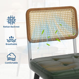 Garvee Sillas de Comedor de Madera con Respaldo de Ratan Sintetico y Asiento Acolchado Dos Unidades, Verde Oscuro