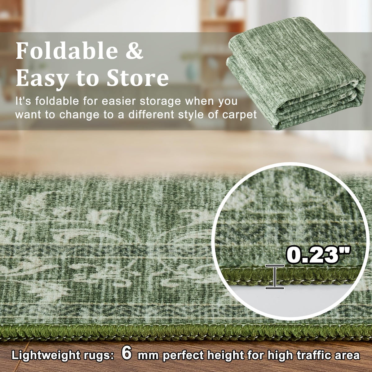 Garvee Alfombra de Pasillo Lavable Antideslizante Estampado Floral Vintage, Lana Sintética Suave Pelo Bajo 60x230 cm Verde