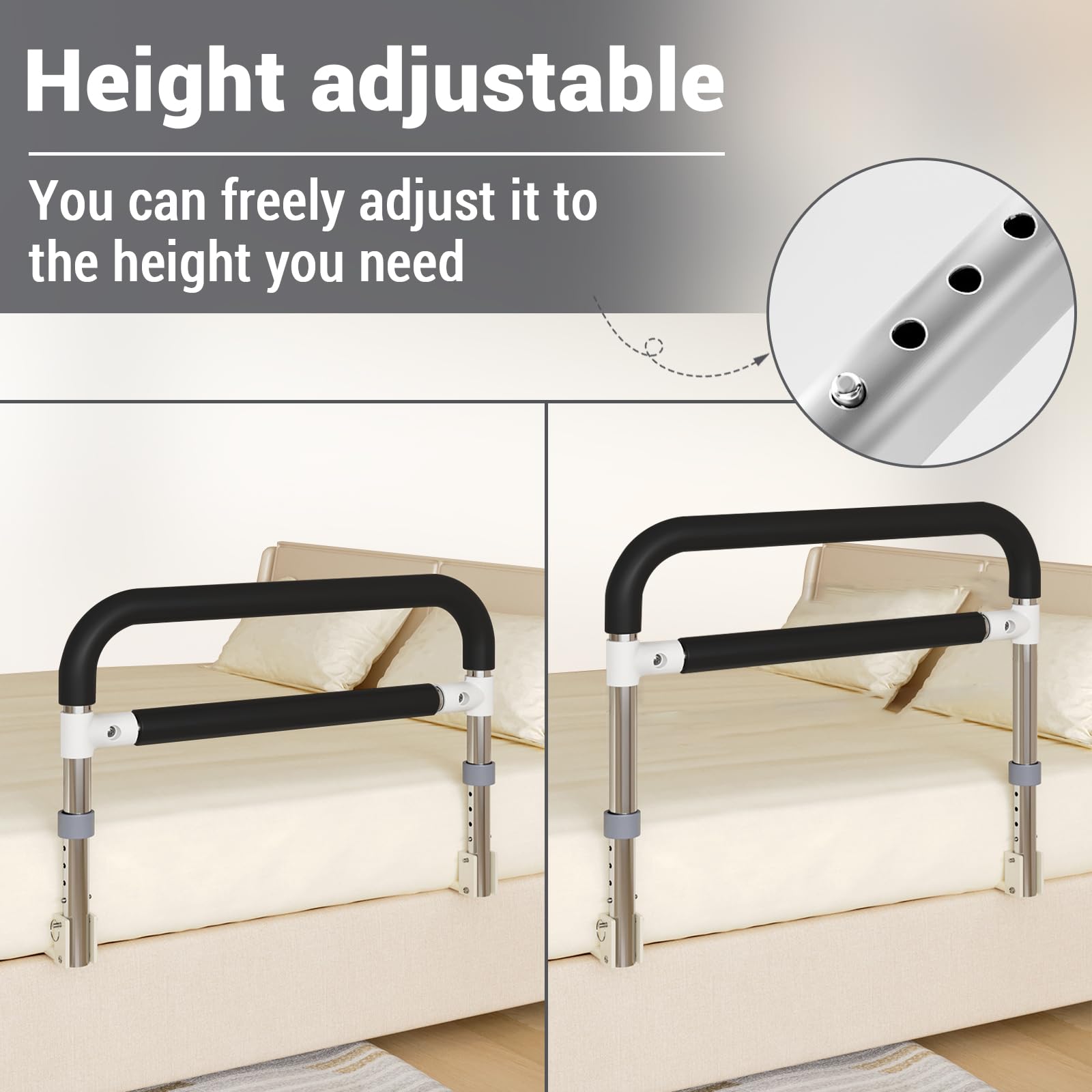 Garvee Ayuda para Levantarse de la Cama para Personas Mayores Altura Ajustable 36.5-43.5 Cm Acero Inoxidable Agarre Antideslizante Plegable Base Segura en Forma de U para Hogar y Viaje