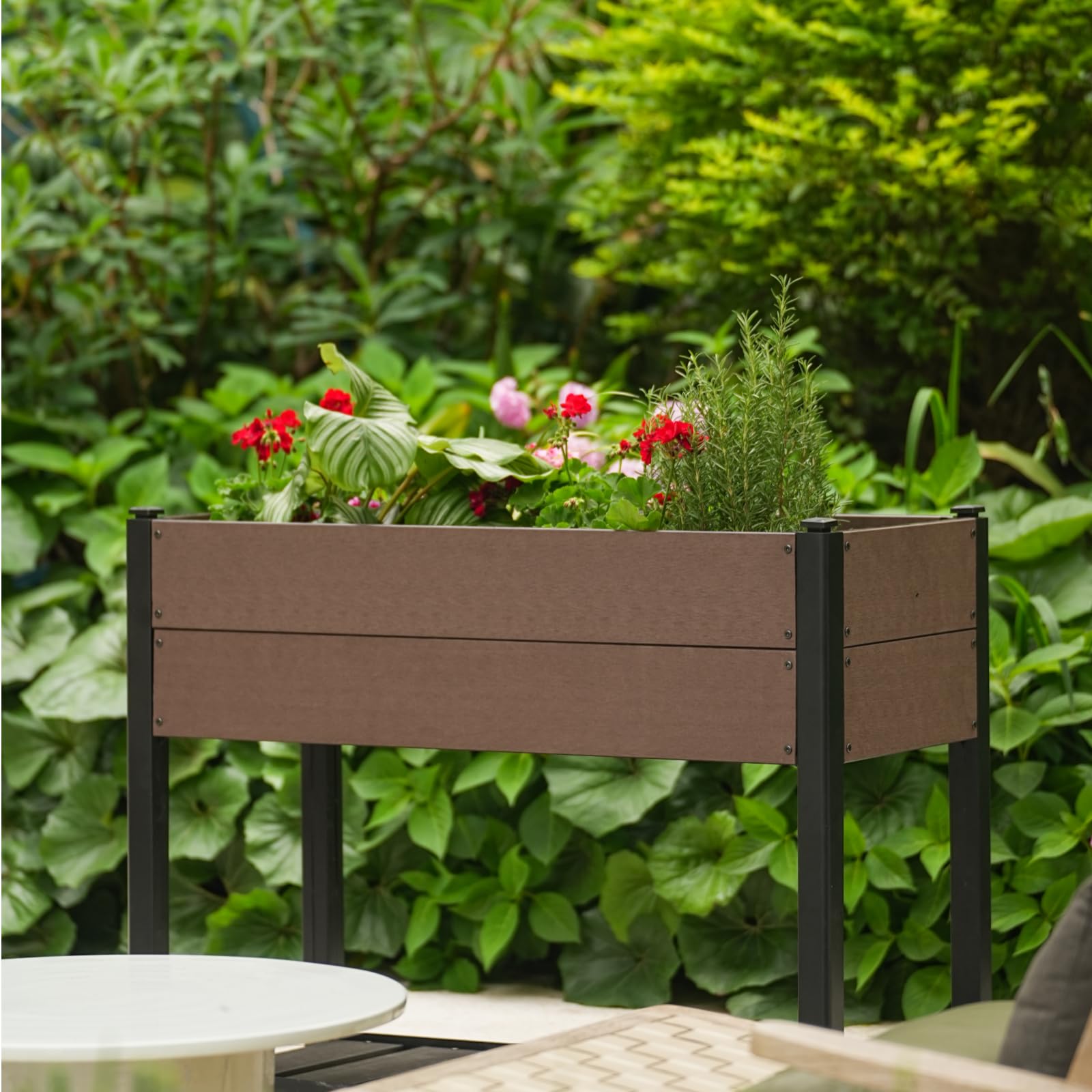 Garvee Huerto Elevado 109×85 cm HDPE con Estante y Soporte de Aluminio Negro, Resistente a la Intemperie, Ideal para Patio y Balcón