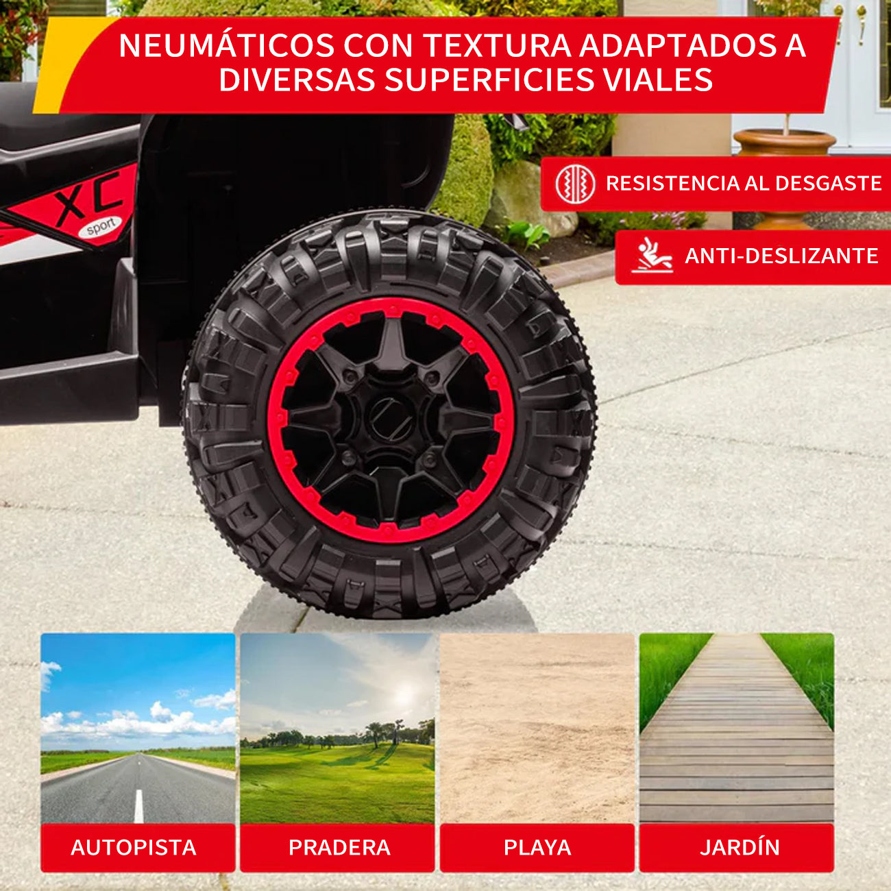 Garvee Quad Eléctrico 12V, LED y Música, Control Doble, Ruedas 4x4 EVA, 3-6 años, Interior y Exterior, Rojo