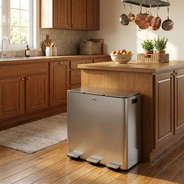 Garvee Cubo de Basura Rectangular de Acero Inoxidable y Plástico con Pedal Tapa Fina y 3 Compartimentos  60L para Reciclaje en Cocina Oficina y Hogar Plata
