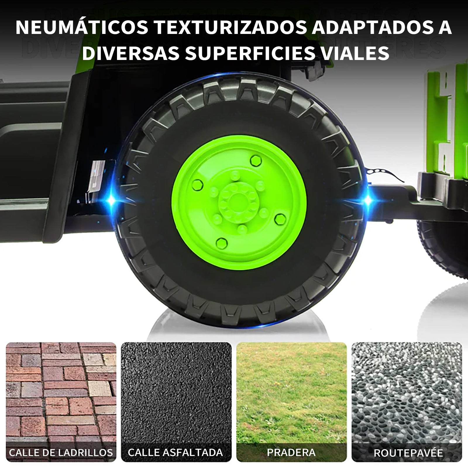 Garvee Tractor Eléctrico 12V, Remolque Amovible, Doble Motor, Luces LED, Control Remoto, 3-6 años, Jardín, Verde