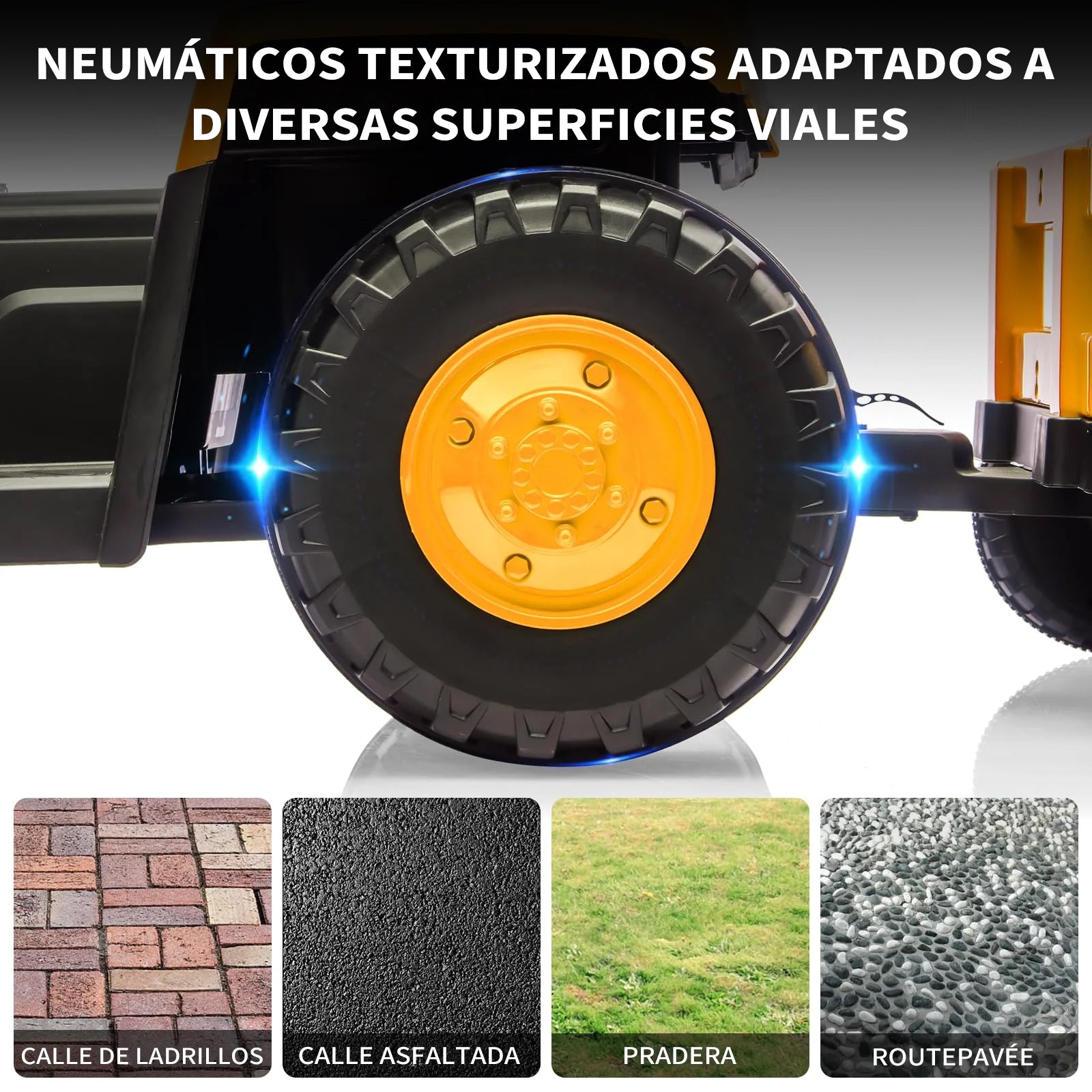 Garvee Tractor Eléctrico 12V, Remolque Amovible, Doble Motor, Luces LED, Bluetooth, 3-6 años, Jardín, Amarillo