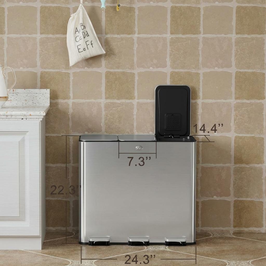 Garvee Cubo de Basura Rectangular de Acero Inoxidable y Plástico con Pedal Tapa Fina y 3 Compartimentos  60L para Reciclaje en Cocina Oficina y Hogar Plata