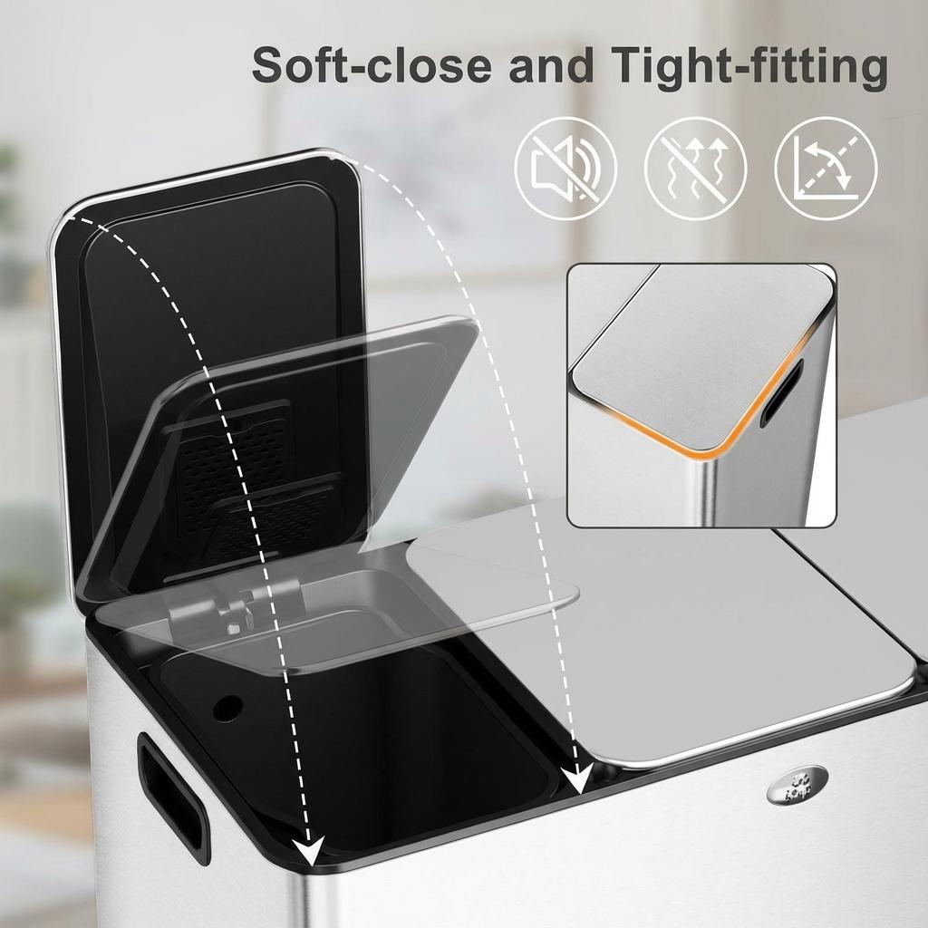 Garvee Cubo de Basura Rectangular de Acero Inoxidable y Plástico con Pedal Tapa Fina y 3 Compartimentos  60L para Reciclaje en Cocina Oficina y Hogar Plata