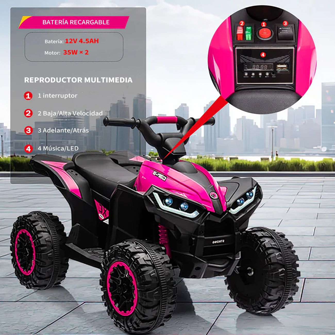 Garvee Quad Eléctrico 12V, LED y Música, Control Remoto, Ruedas 4x4 EVA, Asiento Cómodo, 3-6 años, Exterior, Rosa