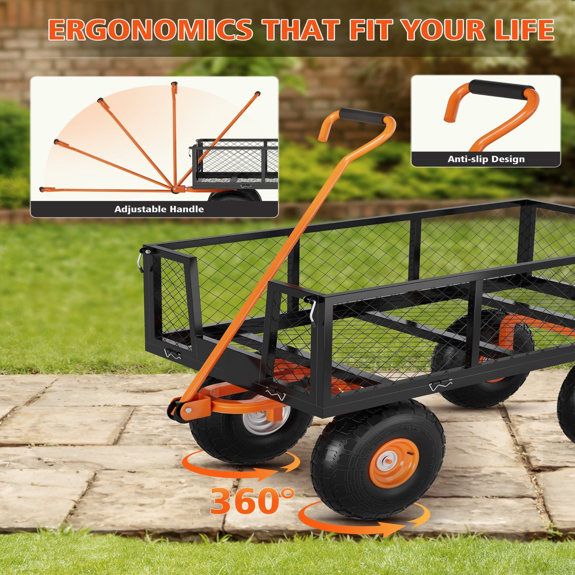Garvee Carro de Jardín 3 en 1 408 kg, Manija Giratoria 180°, Ruedas 25.4 cm, Lados Removibles, Acero, Negro & Naranja, 96x50.8 cm, para Jardinería