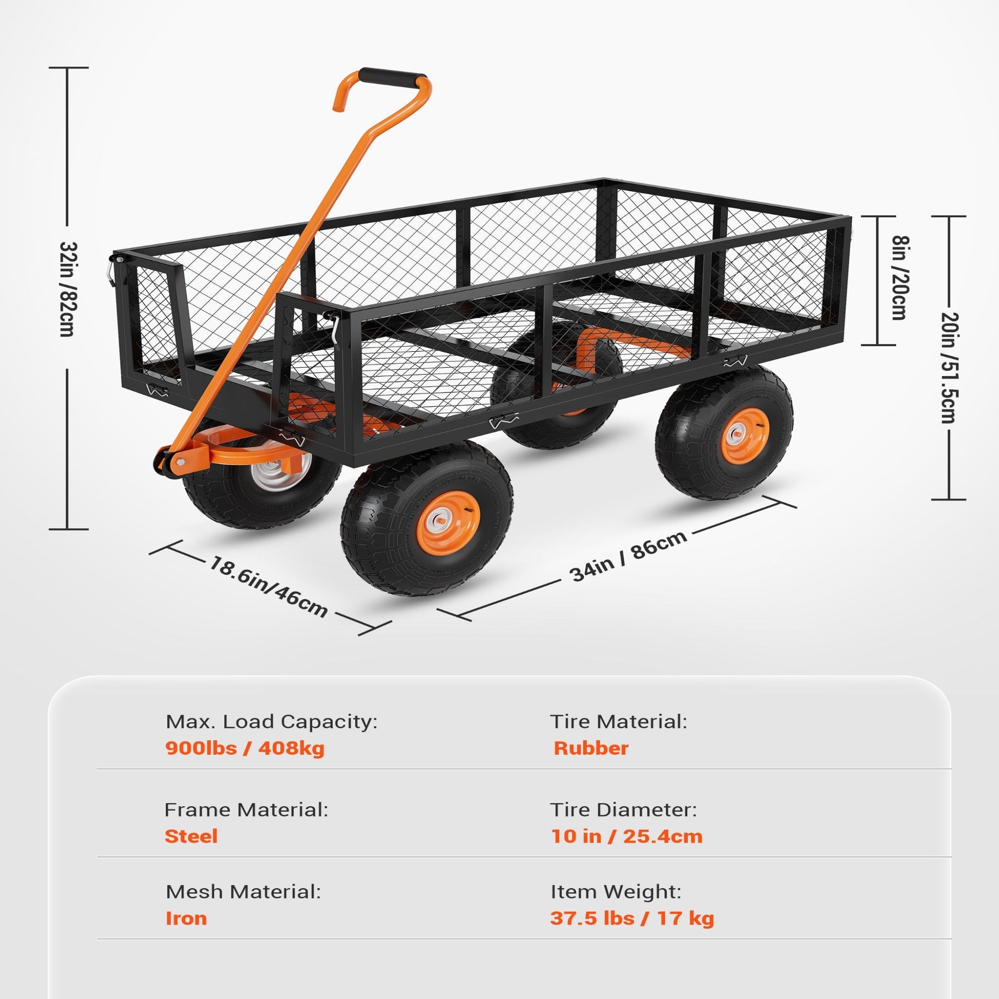 Garvee Carro de Jardín 3 en 1 408 kg, Manija Giratoria 180°, Ruedas 25.4 cm, Lados Removibles, Acero, Negro & Naranja, 96x50.8 cm, para Jardinería