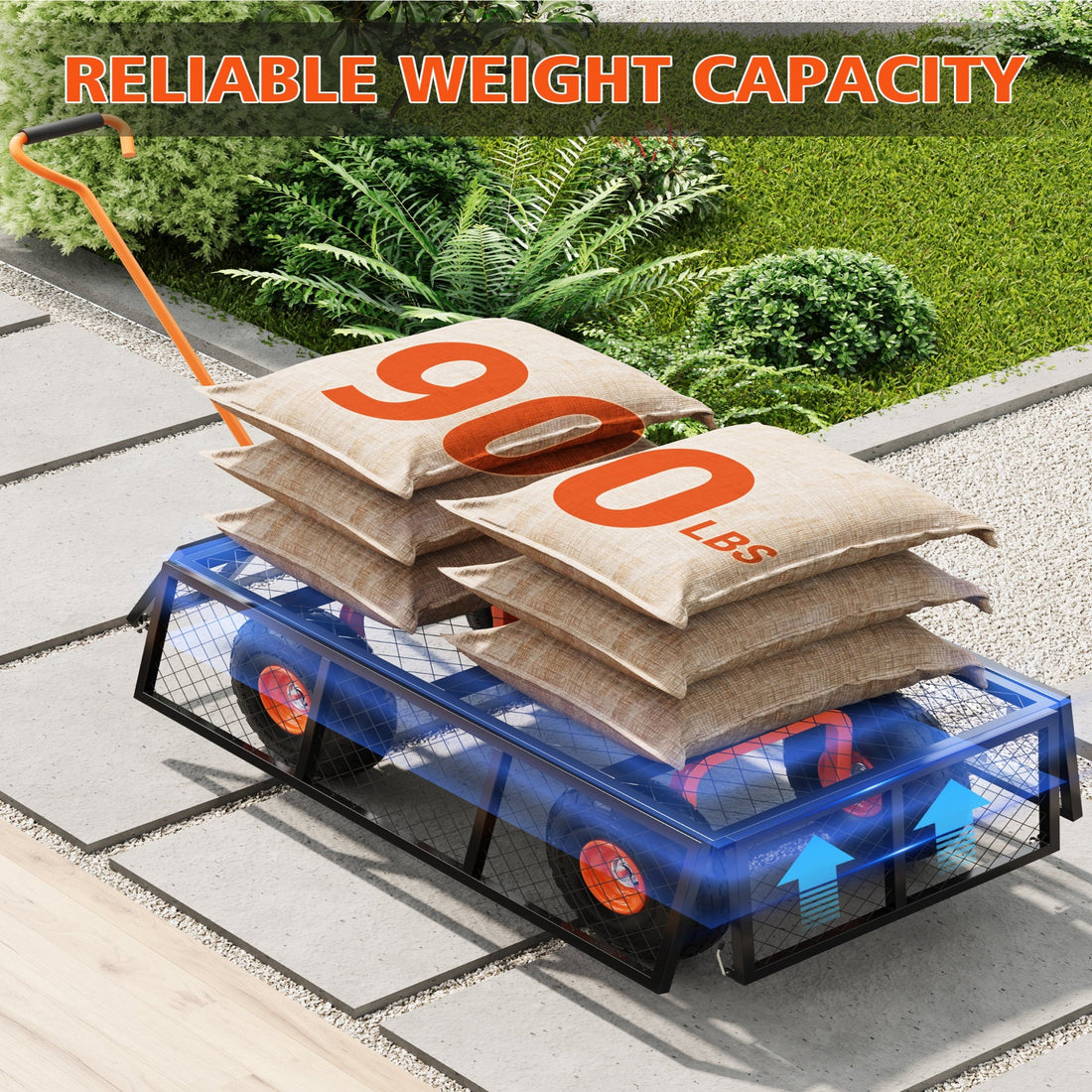 Garvee Carro de Jardín 3 en 1 de Acero Resistente Capacidad 408 kg con Laterales de Malla Removibles Neumáticos Todoterreno y Manija Giratoria 96x50 cm Negro y Naranja