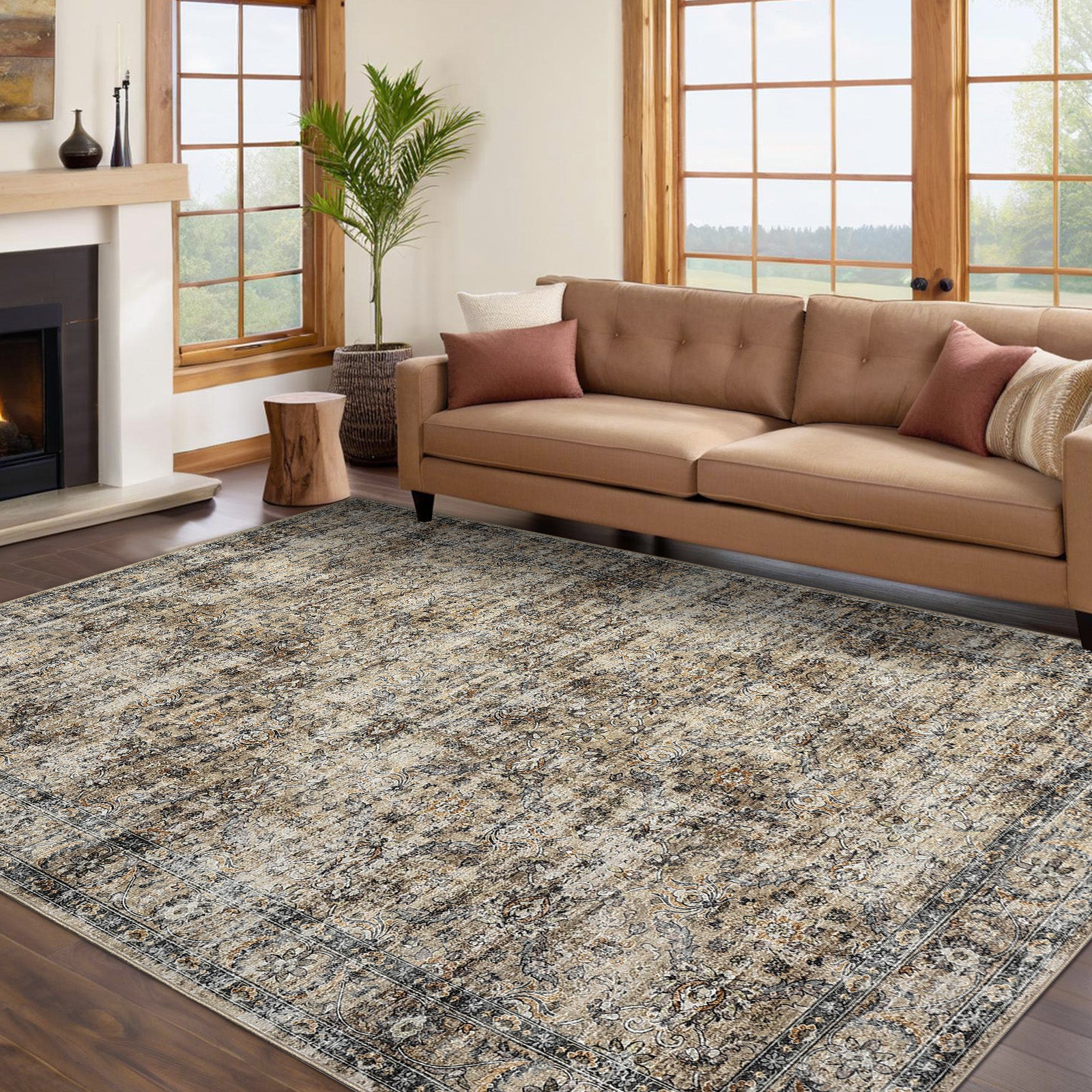 Garvee Alfombra Lavable Efecto Cachemira Base TPR Estilo Persa 240x340 cm Marrón para Salón y Dormitorio