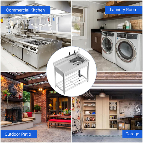 Fregadero comercial independiente esquinas redondeadas lavabo drenaje amplio estantes almacenamiento cocina lavandería