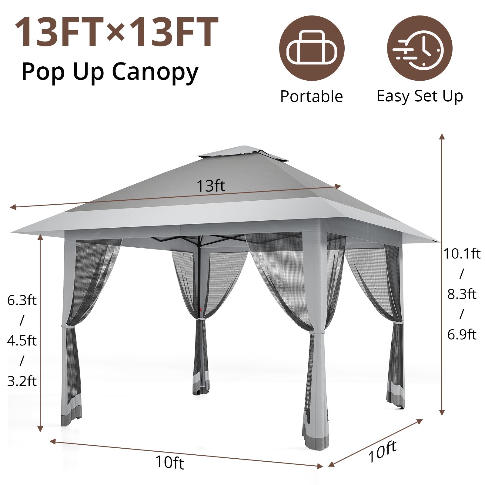 Garvee Gazebo Plegable 396x396 cm con Mosquitera y Alero Retráctil de un Solo Toque Estructura de Acero Resistente Impermeable Protección UV Patio Jardín Gris