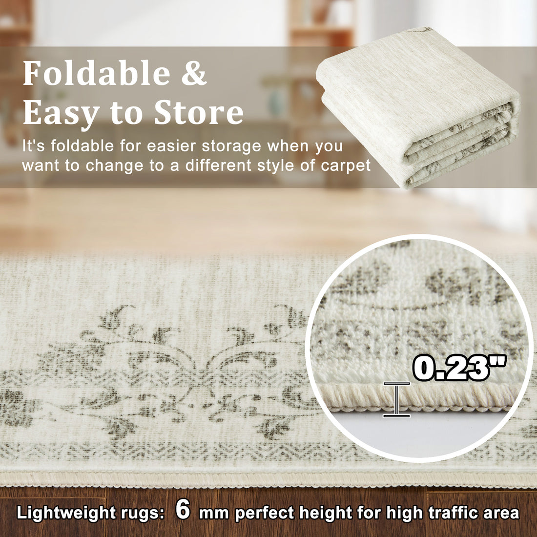 Garvee Alfombra Vintage Lavable Antideslizante Estampado Floral, Lana Sintética Suave Pelo Bajo 160x230 cm Beige