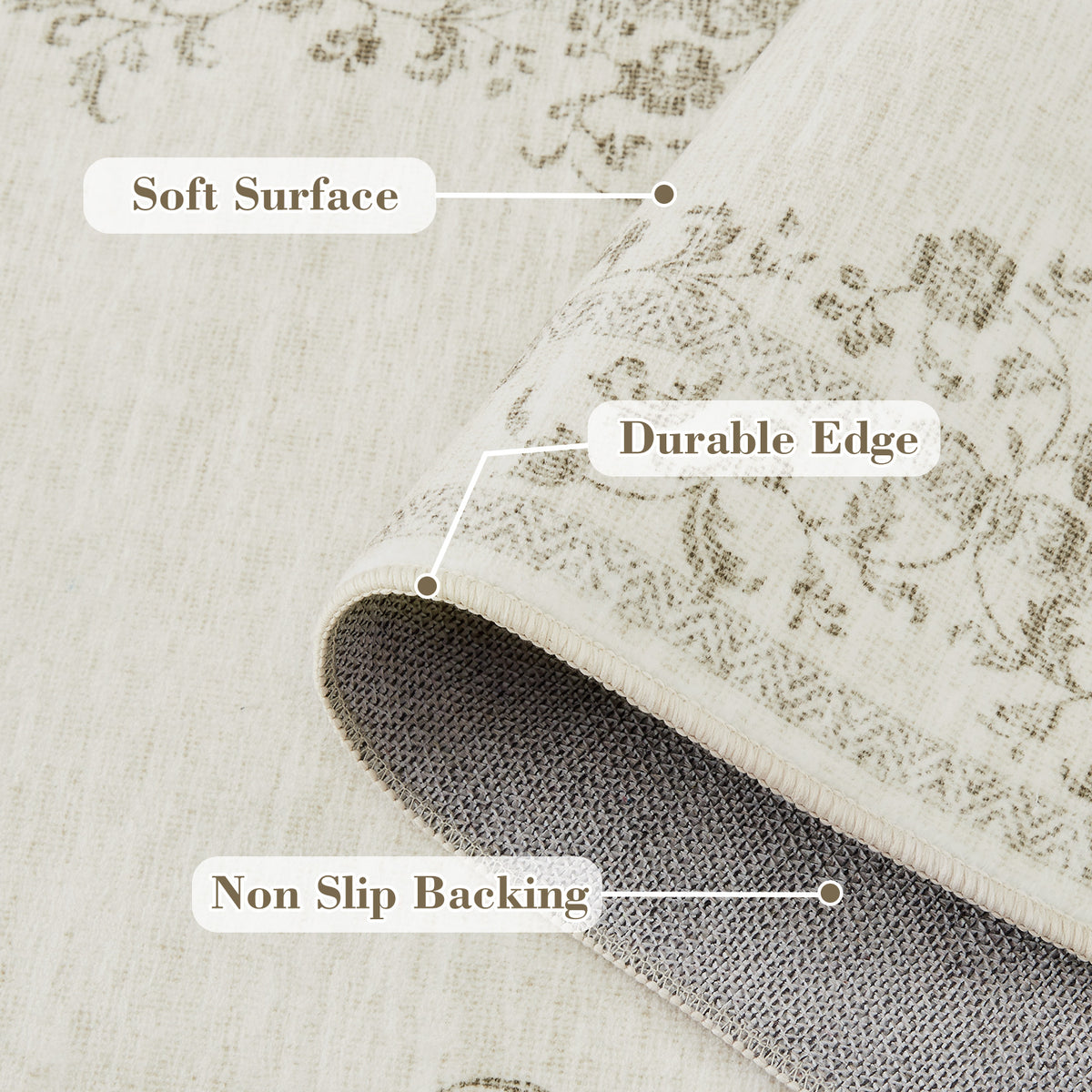 Garvee Alfombra Vintage Lavable Antideslizante Estampado Floral, Lana Sintética Suave Pelo Bajo 160x230 cm Beige