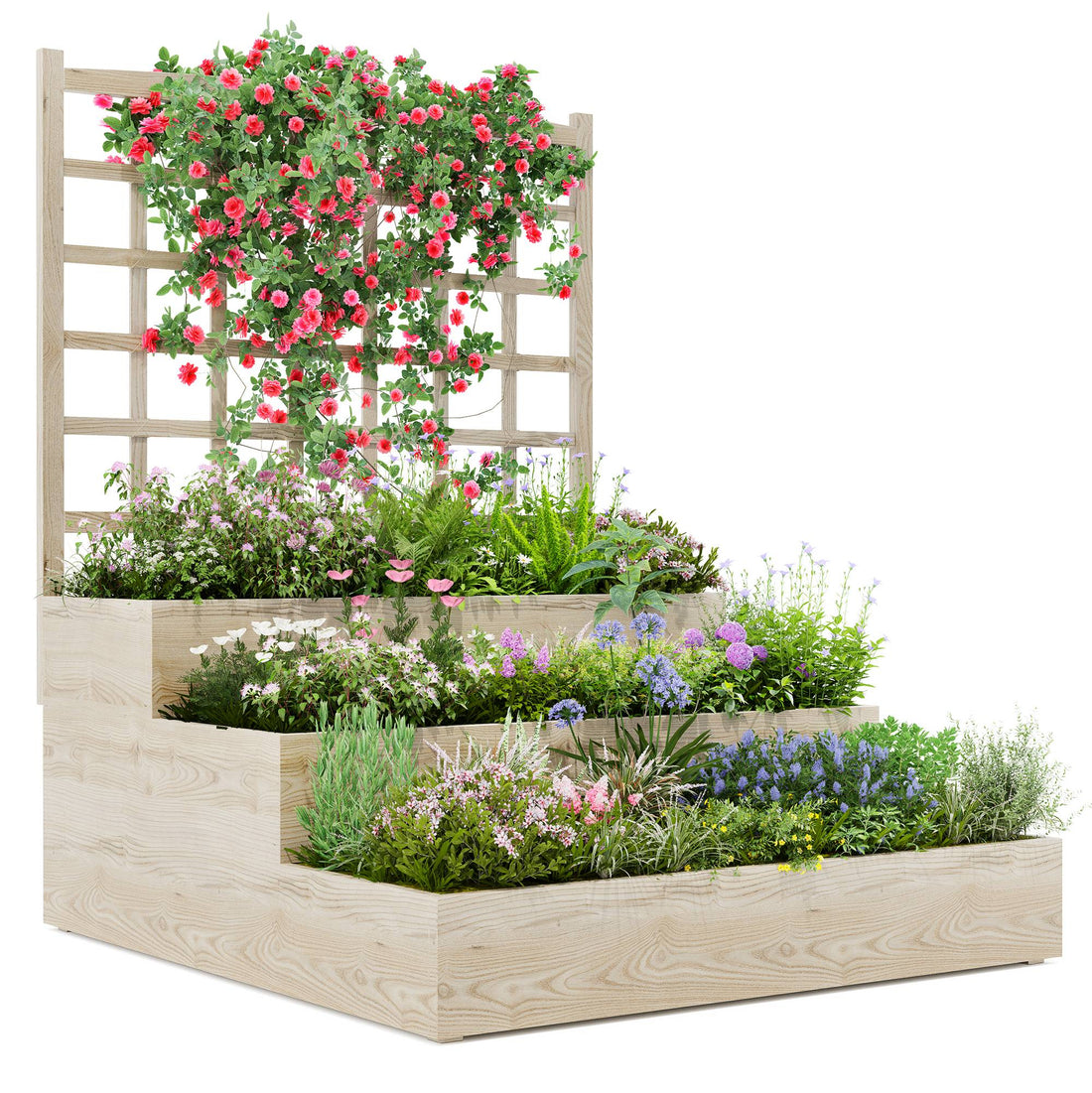 Garvee Jardinera Vertical de Madera con Enrejado de 3 Niveles para Plantas Trepadoras y Vegetales en Madera de Abeto Natural 112x115x115 cm