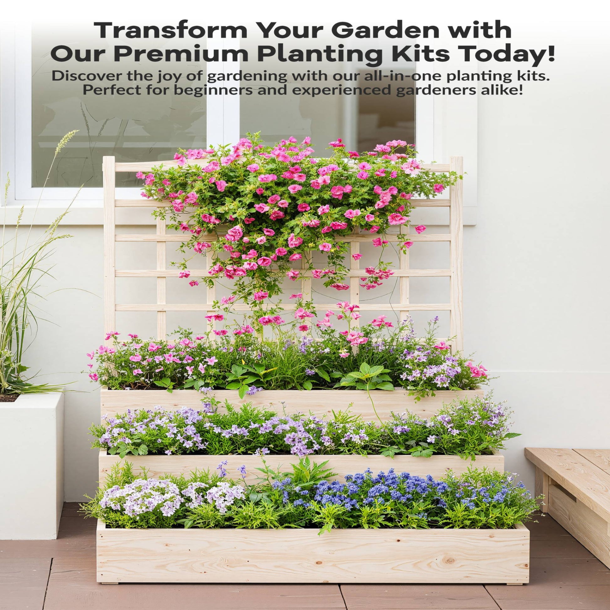 Garvee Jardinera Vertical de Madera con Enrejado de 3 Niveles para Plantas Trepadoras y Vegetales en Madera de Abeto Natural 112x115x115 cm