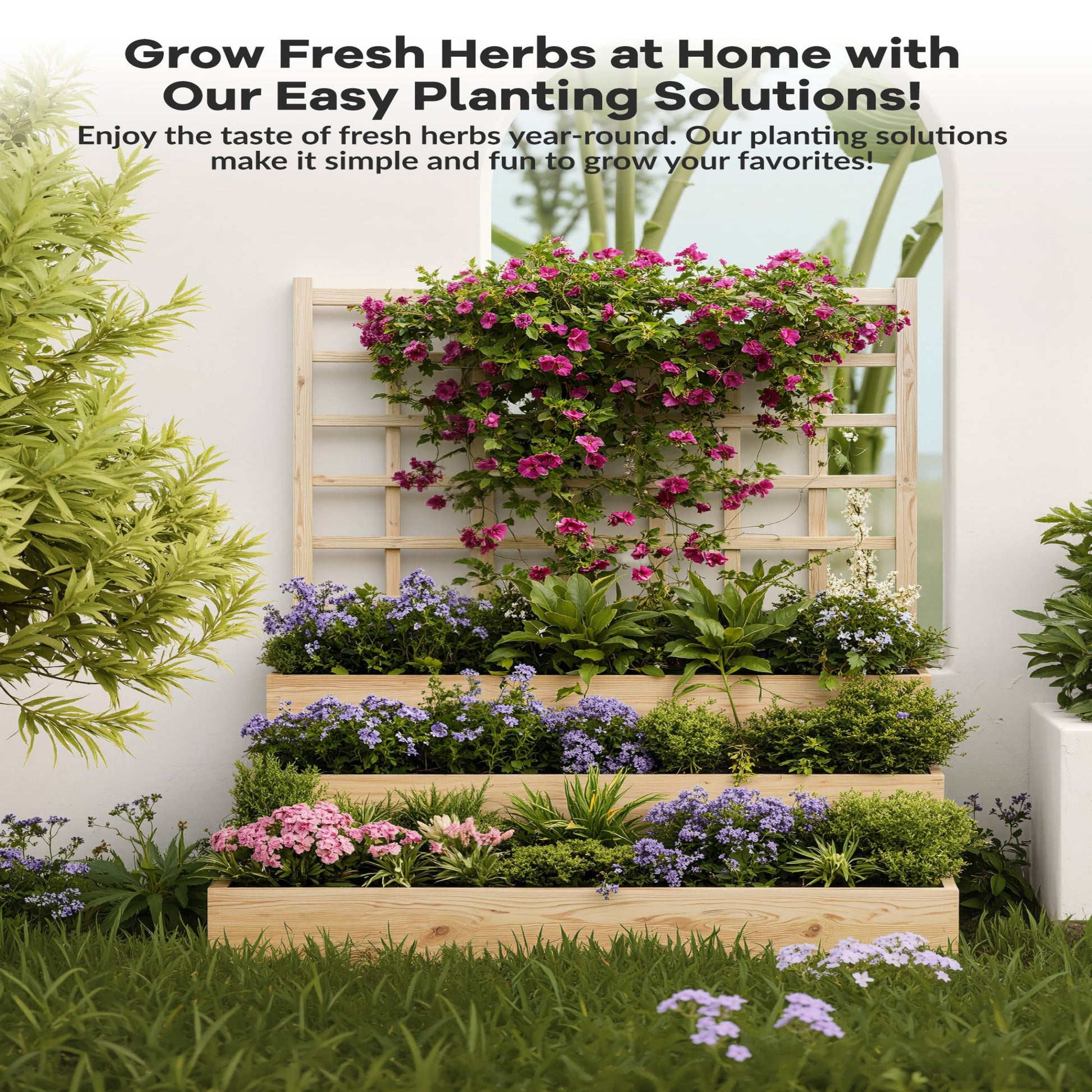 Garvee Jardinera Vertical de Madera con Enrejado de 3 Niveles para Plantas Trepadoras y Vegetales en Madera de Abeto Natural 112x115x115 cm