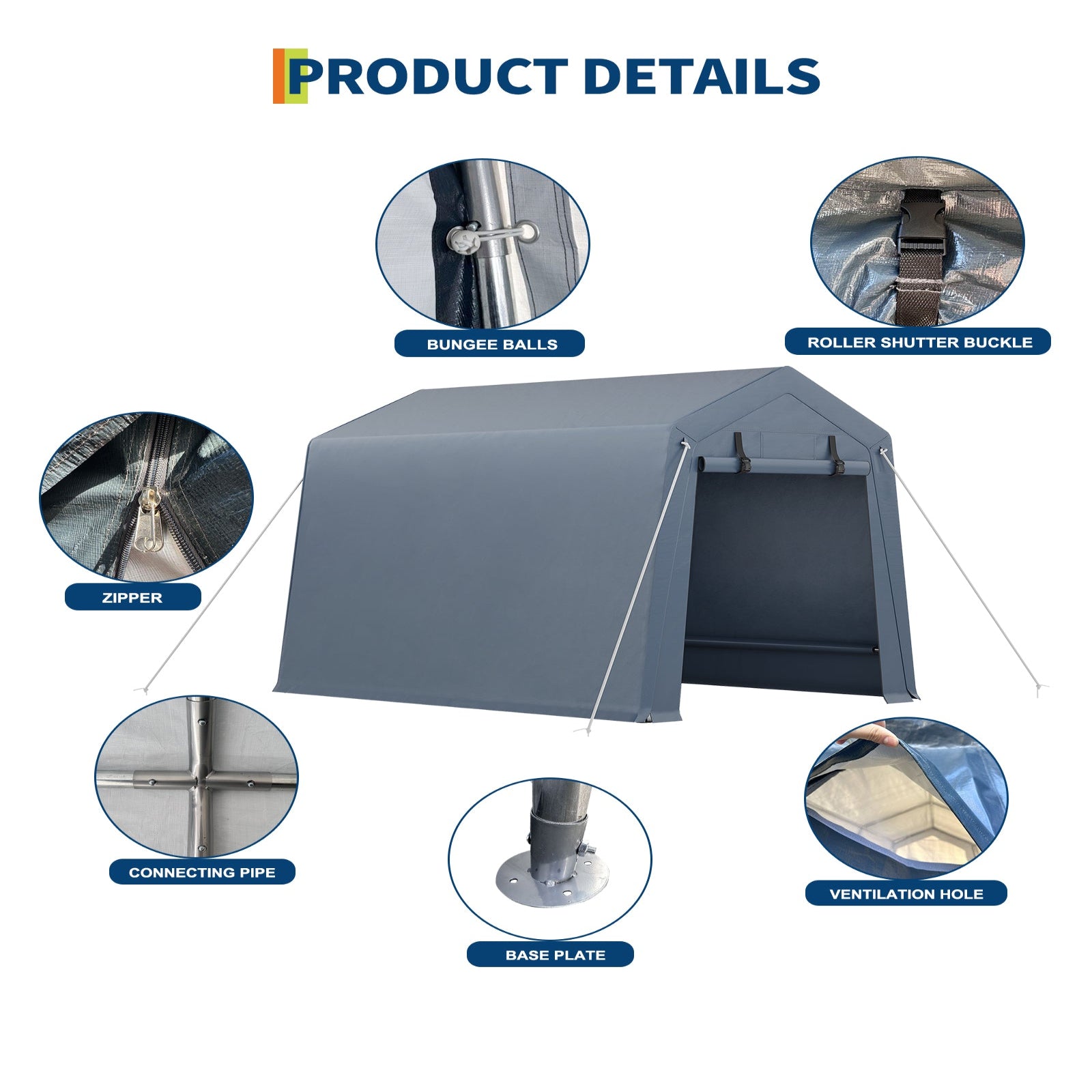 Garvee Cobertizo de Almacenamiento Exterior 183x183 cm Carpa Portátil Gris de Acero Galvanizado y Lona Impermeable para Motocicletas Bicicletas y Herramientas de Jardín