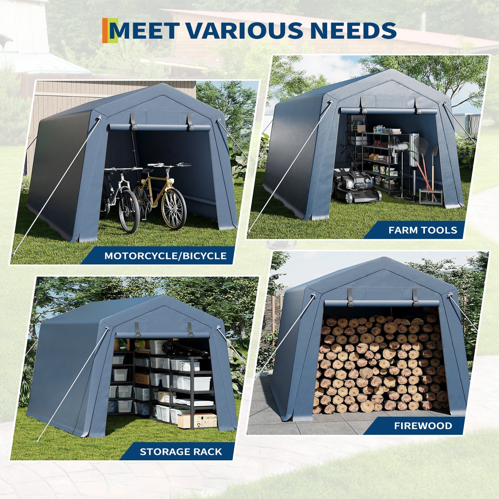 Garvee Cobertizo de Almacenamiento Exterior 183x183 cm Carpa Portátil Gris de Acero Galvanizado y Lona Impermeable para Motocicletas Bicicletas y Herramientas de Jardín