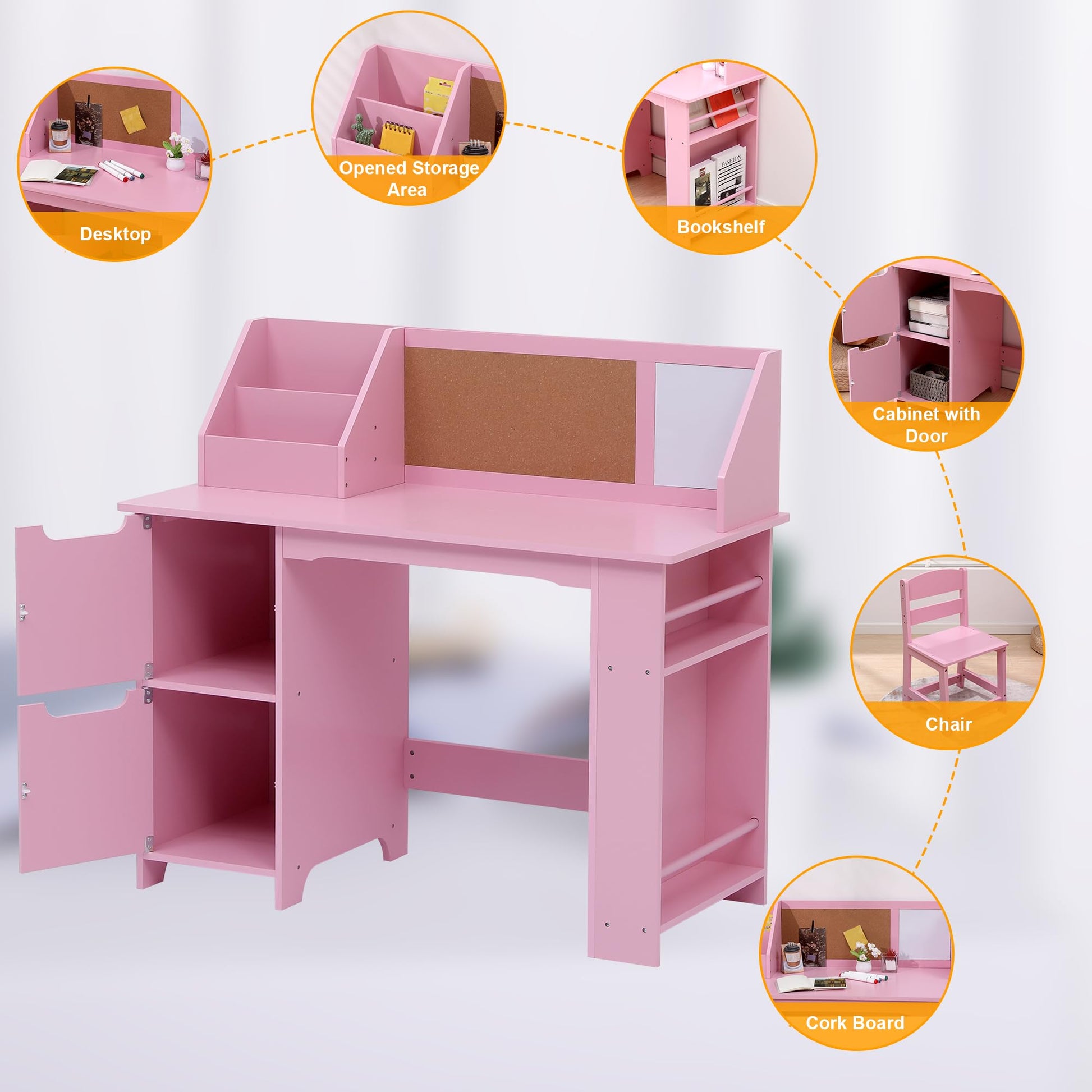 Garvee Escritorio Infantil con Silla y Estantería Seguro y Resistente para Niños 3-8 Años MDF Blanco Compacto