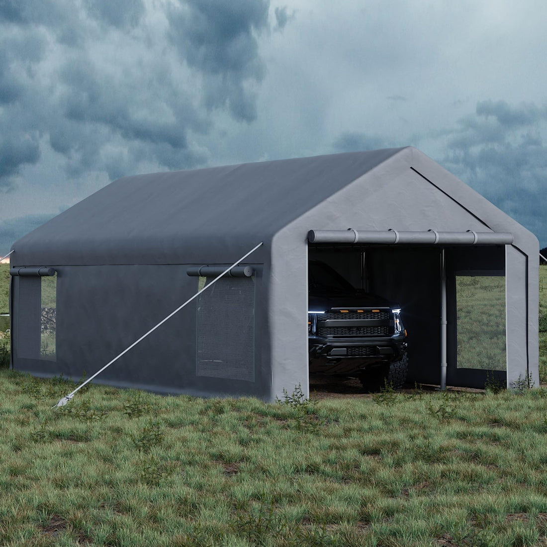 Garvee Garaje Portátil 7,6x3,9 m, Carpa de PE 220 g, Estructura de Acero Galvanizado, Puertas Enrollables y Ventilación, para Vehículos y Taller Temporal, Gris