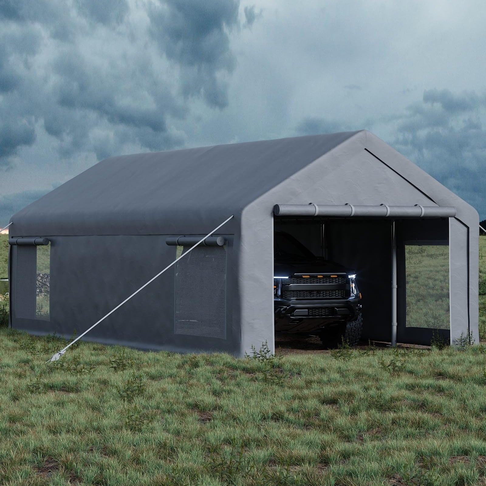 Garvee Garaje Portátil 7,6x3,9 m, Carpa de PE 220 g, Estructura de Acero Galvanizado, Puertas Enrollables y Ventilación, para Vehículos y Taller Temporal, Gris