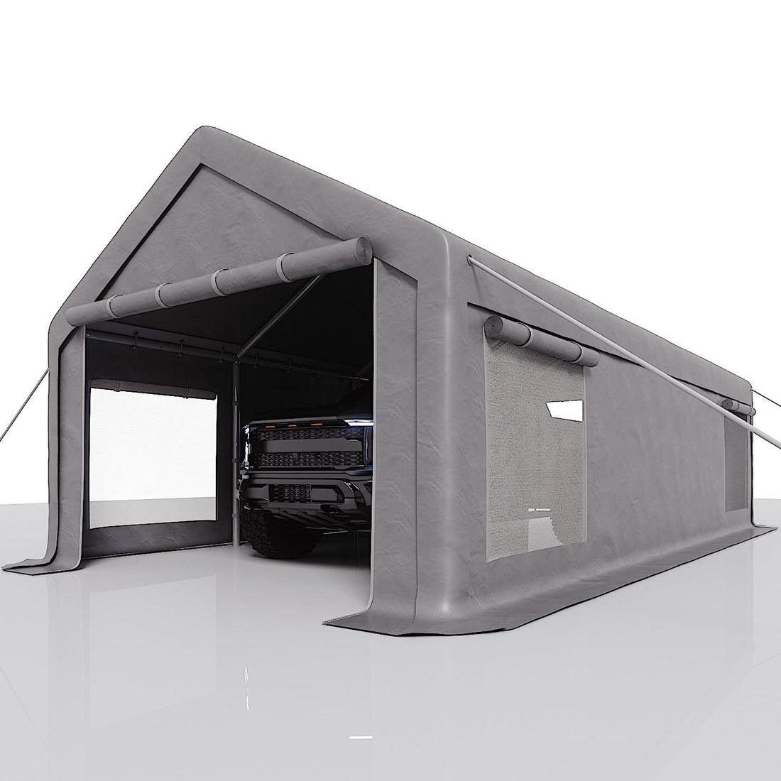 Garvee Garaje Portátil 7,6x3,9 m, Carpa de PE 220 g, Estructura de Acero Galvanizado, Puertas Enrollables y Ventilación, para Vehículos y Taller Temporal, Gris
