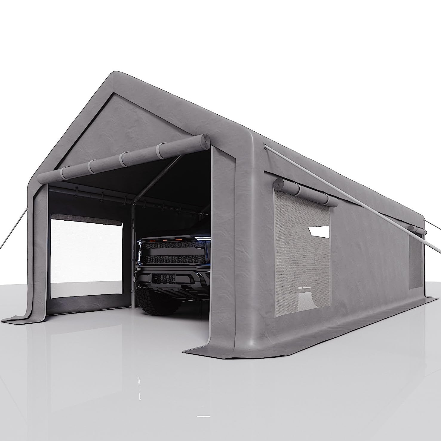 Garvee Garaje Portátil 7,6x3,9 m, Carpa de PE 220 g, Estructura de Acero Galvanizado, Puertas Enrollables y Ventilación, para Vehículos y Taller Temporal, Gris