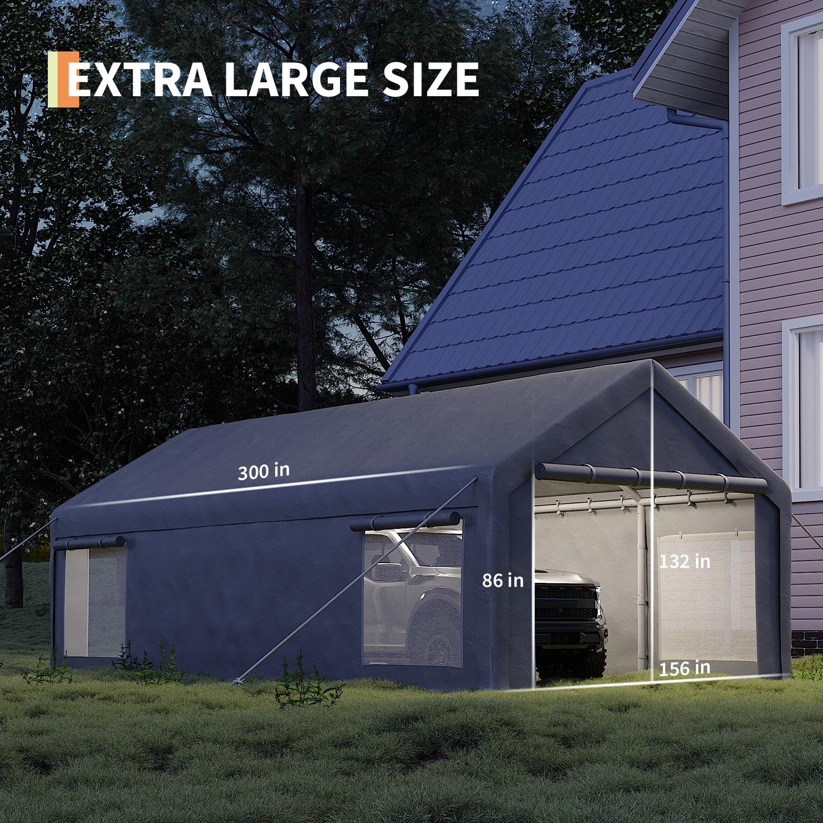 Garvee Garaje Portátil 7,6x3,9 m, Carpa de PE 220 g, Estructura de Acero Galvanizado, Puertas Enrollables y Ventilación, para Vehículos y Taller Temporal, Gris