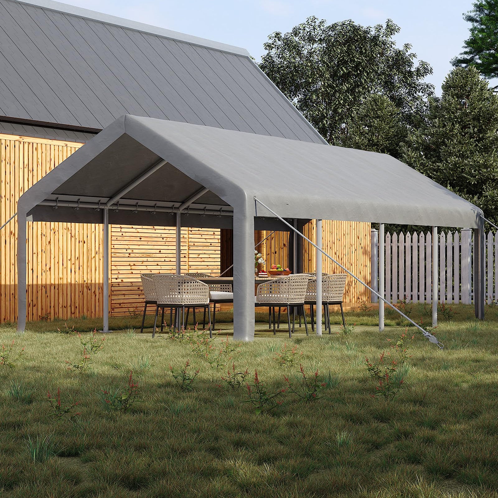 Garvee Garaje Portátil 7,6x3,9 m, Carpa de PE 220 g, Estructura de Acero Galvanizado, Puertas Enrollables y Ventilación, para Vehículos y Taller Temporal, Gris