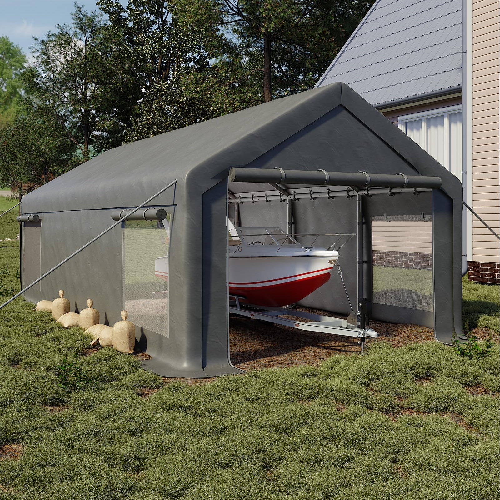 Garvee Garaje Portátil 7,6x3,9 m, Carpa de PE 220 g, Estructura de Acero Galvanizado, Puertas Enrollables y Ventilación, para Vehículos y Taller Temporal, Gris
