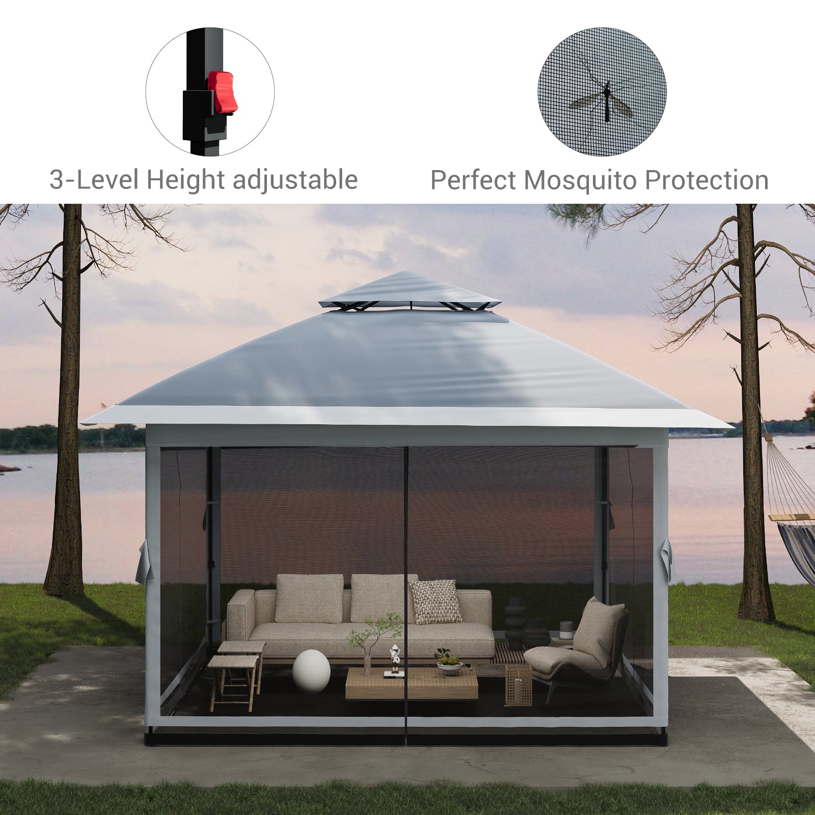 Garvee Gazebo Plegable 396x396 cm con Mosquitera y Alero Retráctil de un Solo Toque Estructura de Acero Resistente Impermeable Protección UV Patio Jardín Gris