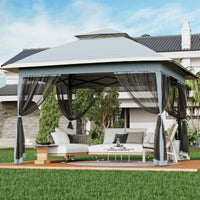 Garvee Gazebo Plegable 396x396 cm con Mosquitera y Alero Retráctil de un Solo Toque Estructura de Acero Resistente Impermeable Protección UV Patio Jardín Gris
